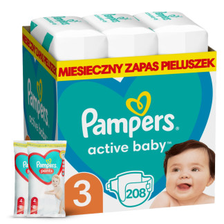 Pampers Active Baby pieluszki rozmiar 3, 6-10 kg, 208 szt, Monthly Box